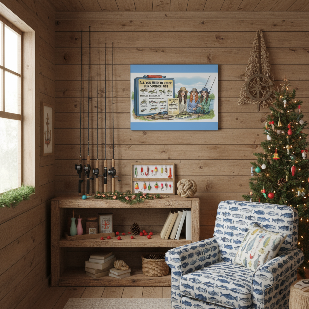 Wrapped canvas fishing jigs theme in Nautical-themed room with a Christmas tree, bookshelf, and decorative items.