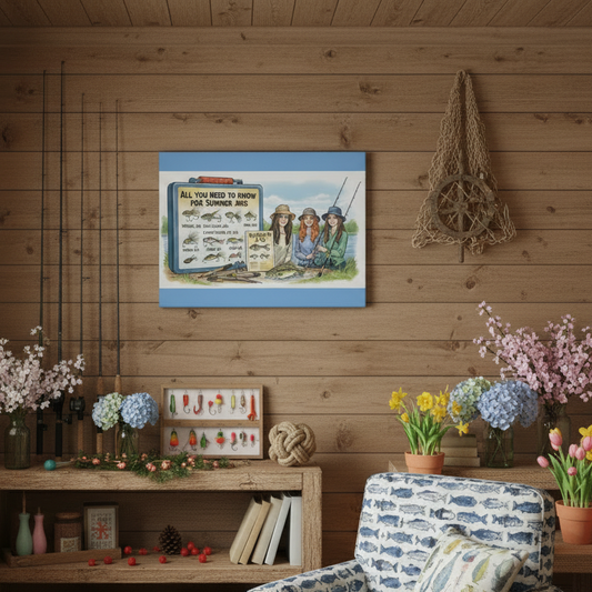 Wooden wall with framed picture of all you need to know about summer fishing jigsaw in a fishing cabin decorated with spring flowers.