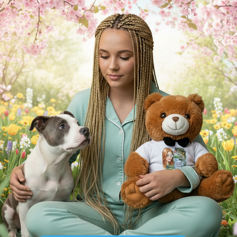 Woman holding a dog and a teddy bear with a floral background