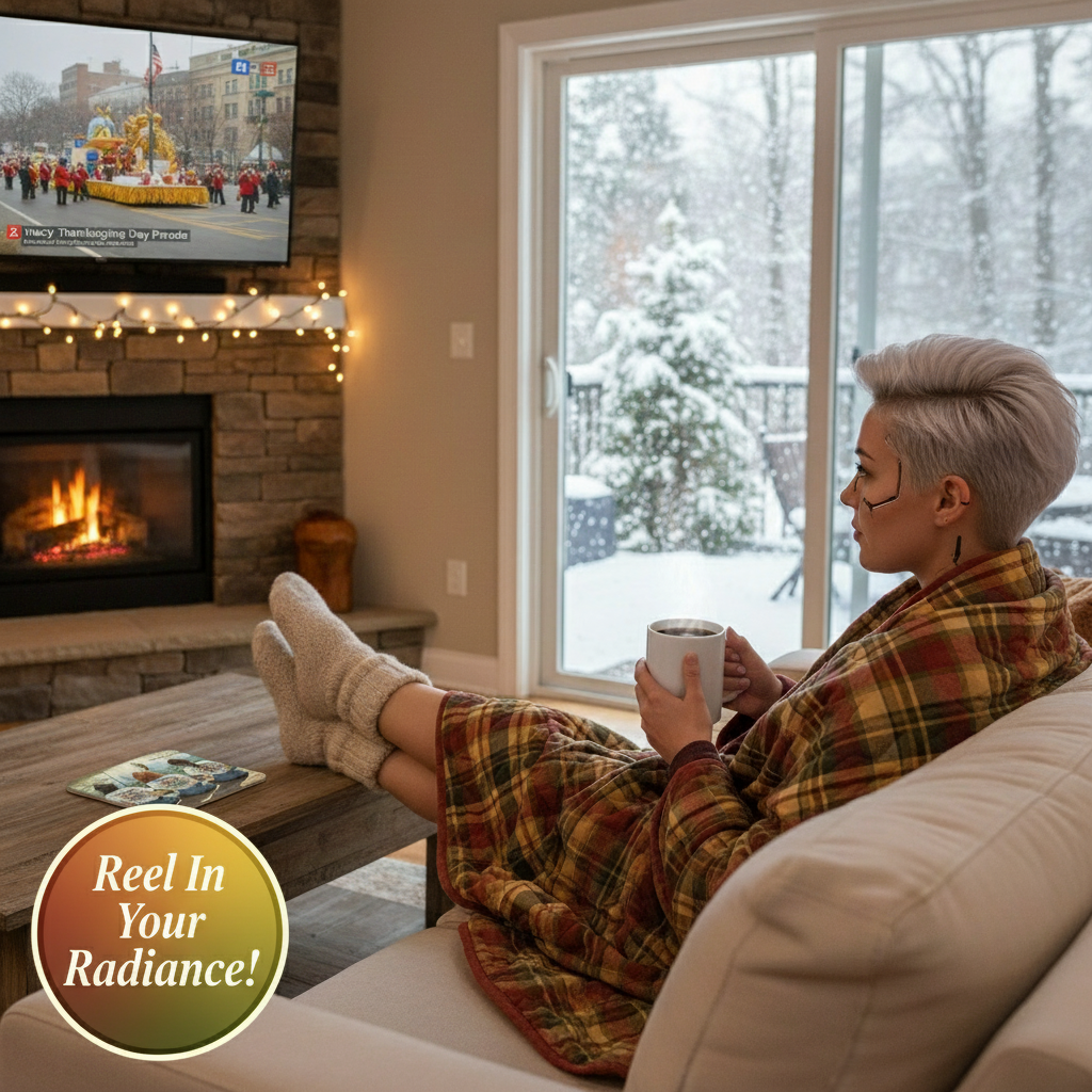 Person sitting on a couch in a cozy living room with a fireplace and snowy view.