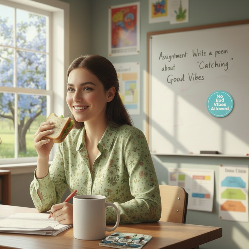 Woman sitting at a desk in a classroom, eating a sandwich and holding a mug.