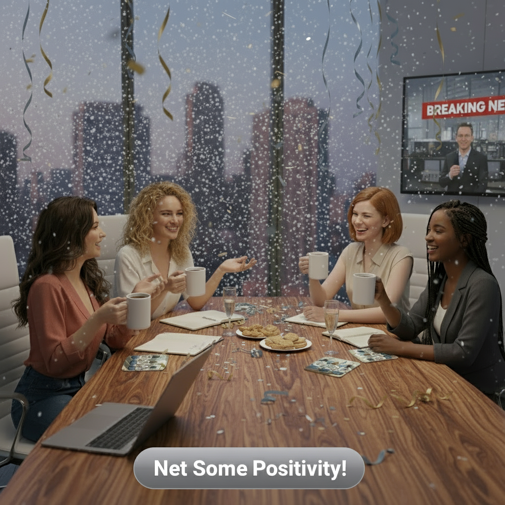 Four women sitting around a table with coffee cups, with fishing coasters, smiling and engaged in conversation, with a cityscape and TV screen in the background.