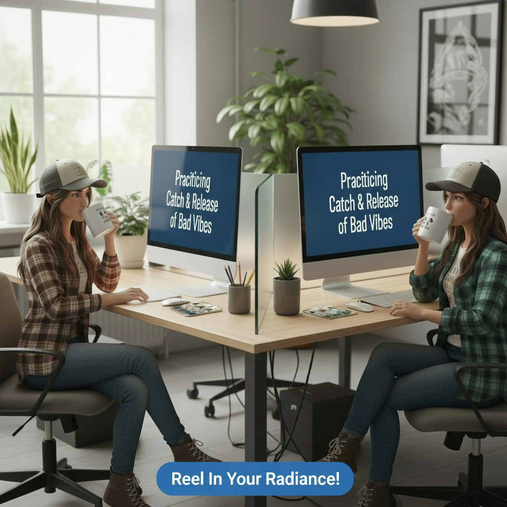 Two people sitting at a desk with computer monitors displaying text, in a modern office setting both using coasters for their coffee mugs.