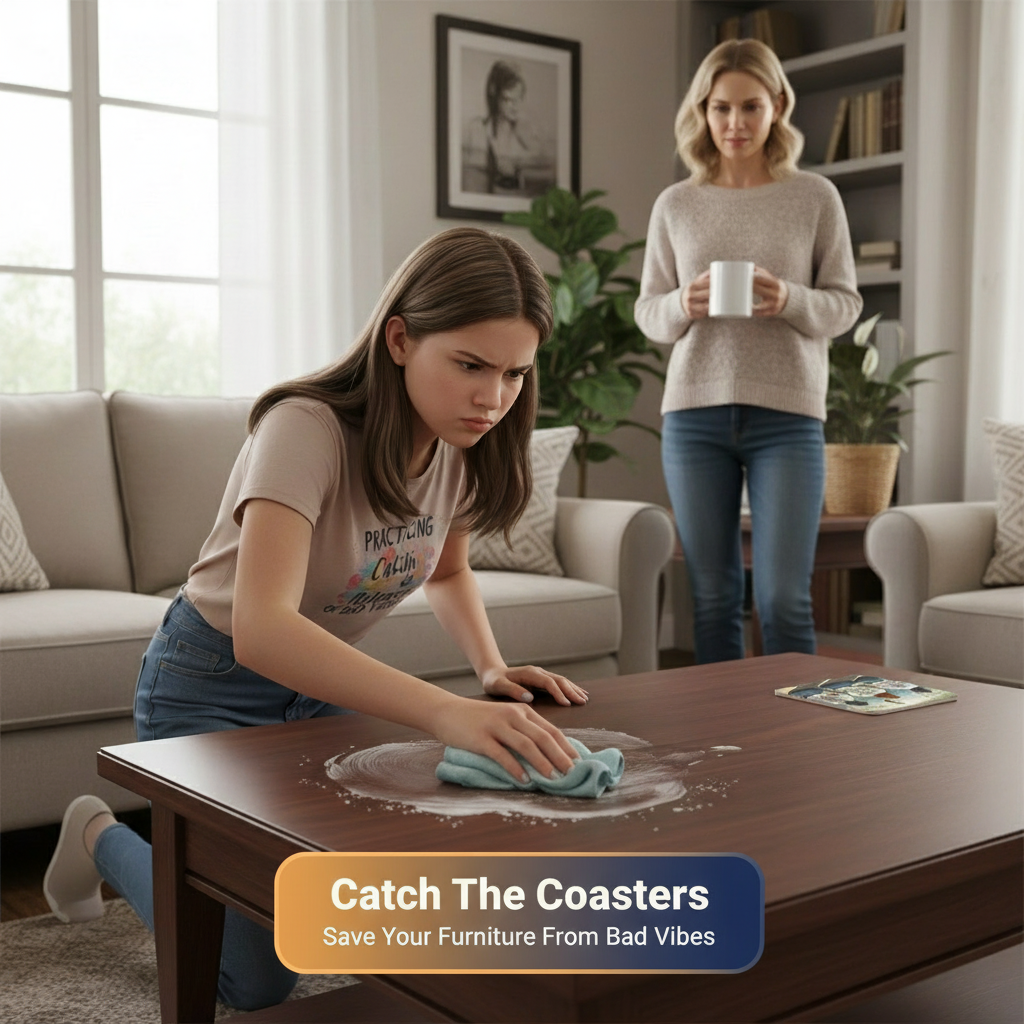 Woman and child cleaning a wooden table with a product advertisement overlay.