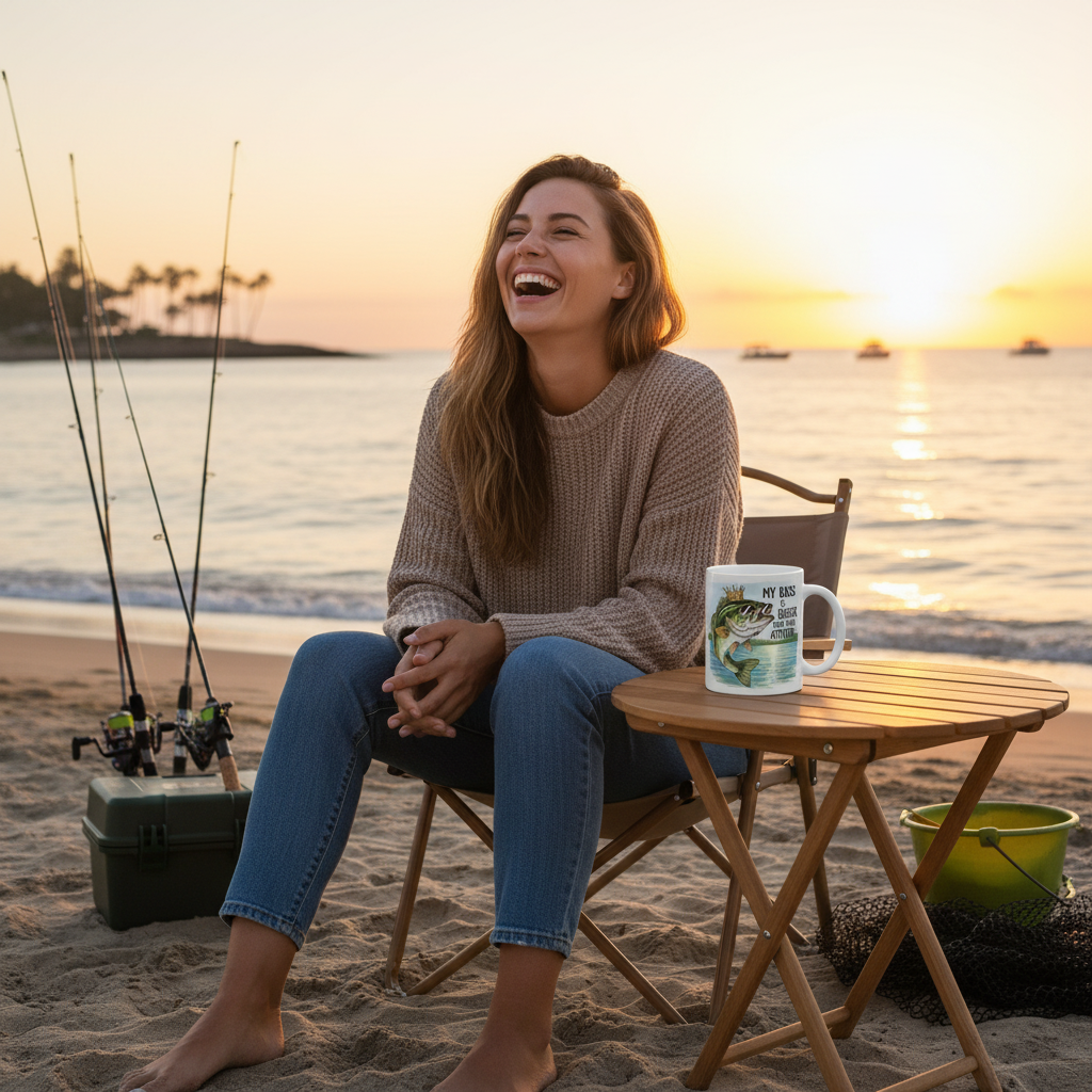 Woman sitting on a beach at sunset with fishing equipment and a mug.