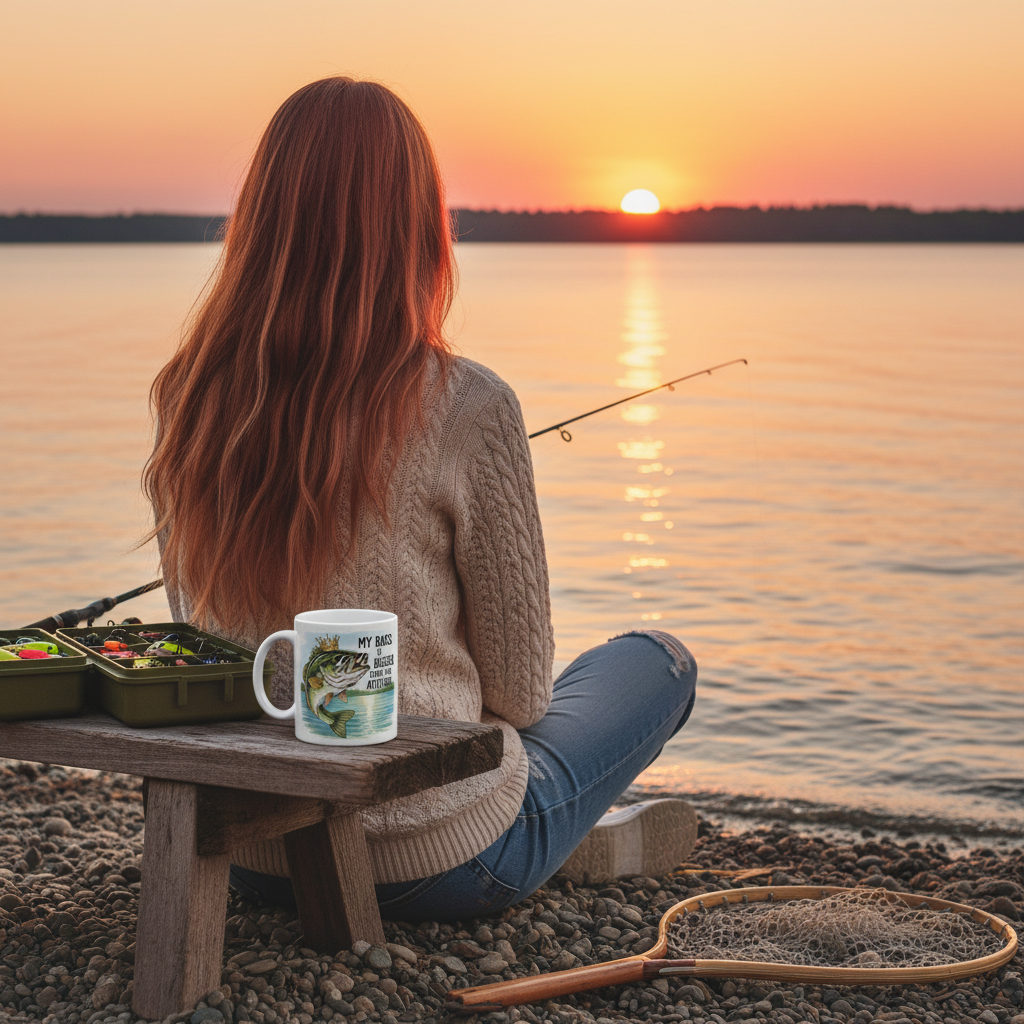 Woman sitting by a lake at sunset with a fishing rod and mug.