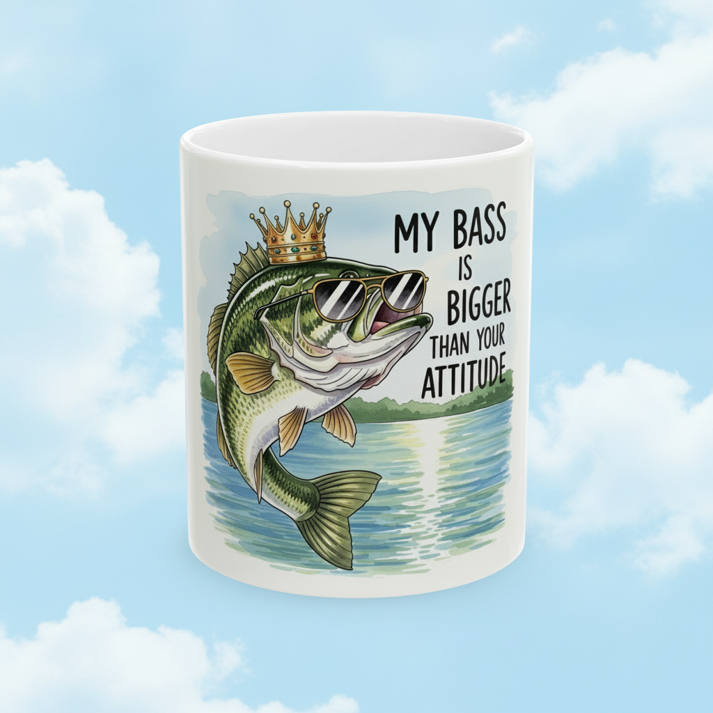 Mug with a bass graphic and text against a cloudy sky background