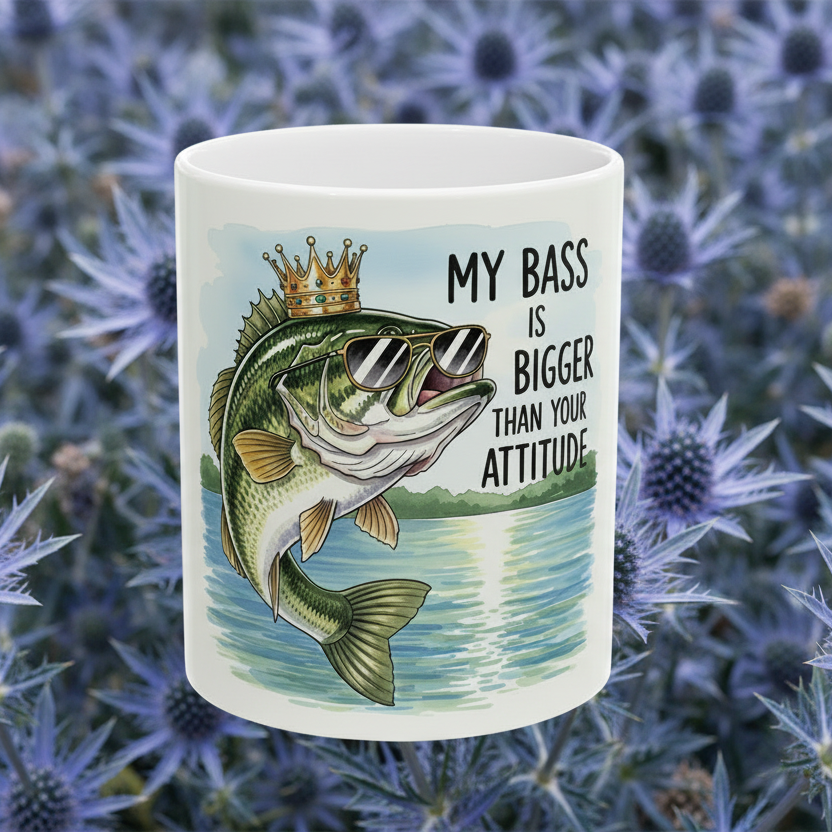 Ceramic Coffee Mug with the msg "My Bass is bigger than your attitude." on a background of blue wildflowers.