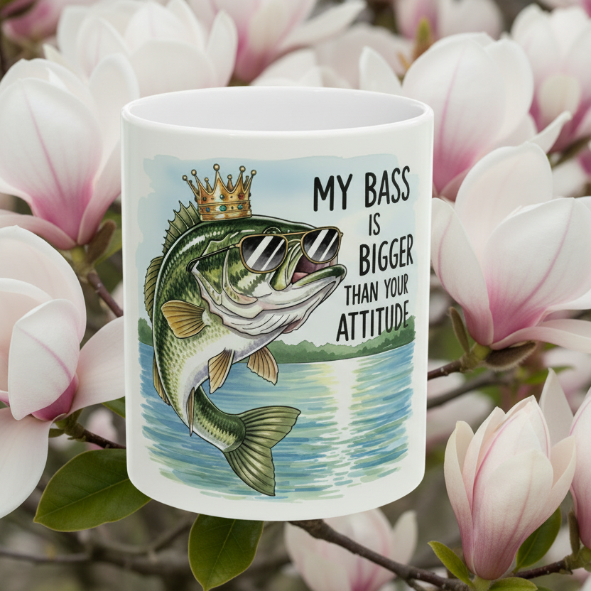 Mug with a bass graphic and text 'My bass is bigger than your attitude' against a floral background of Magnolia tree blooms.