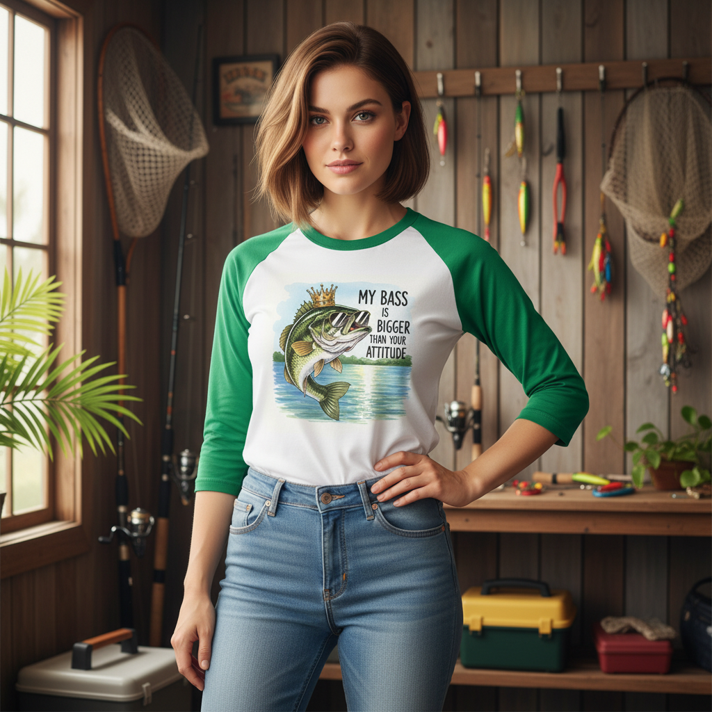Woman wearing a green and white raglan baseball shirt with a fishing graphic in a room with fishing equipment.
