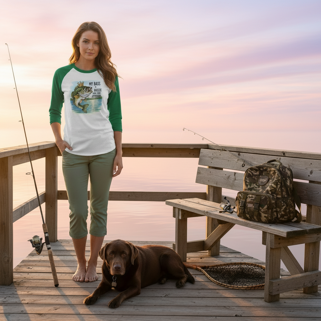 Woman standing on a dock with a dog, fishing gear, and a backpack at sunset.