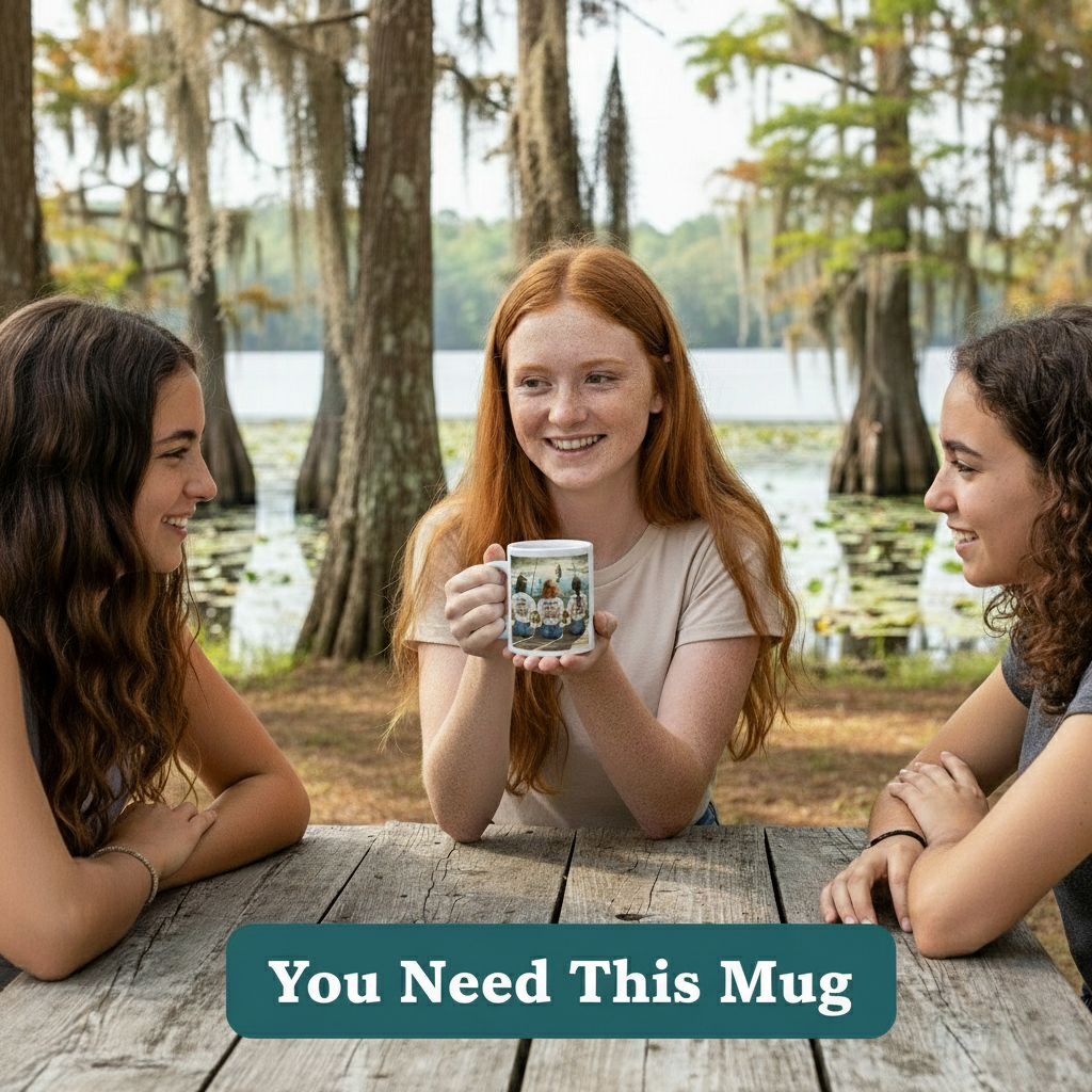 Three friends sitting at a wooden table outdoors, with one holding a mug.