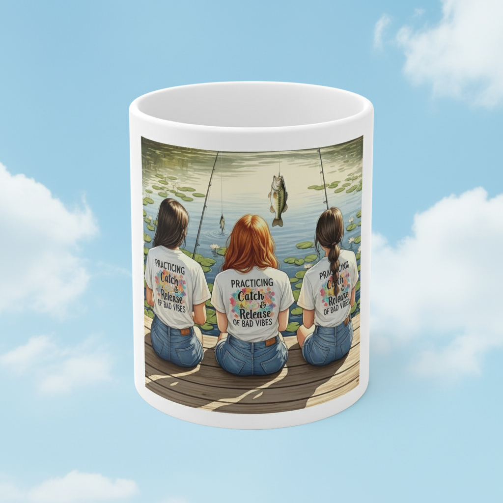 Mug with a design of three people fishing on a dock, with text on their shirts that says, "Practicing catch and release of bad vibes."