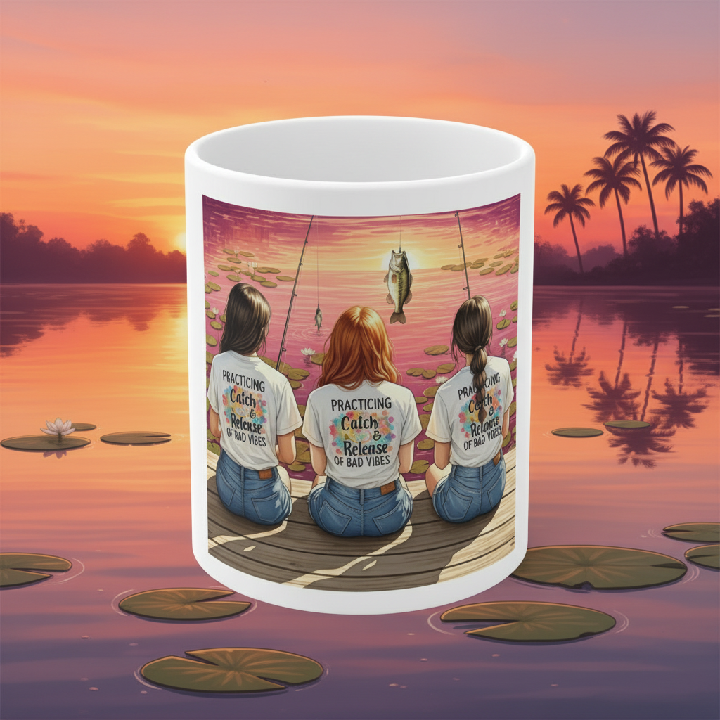 Mug with a design of three people fishing on a dock at sunset, surrounded by lily pads and palm trees.