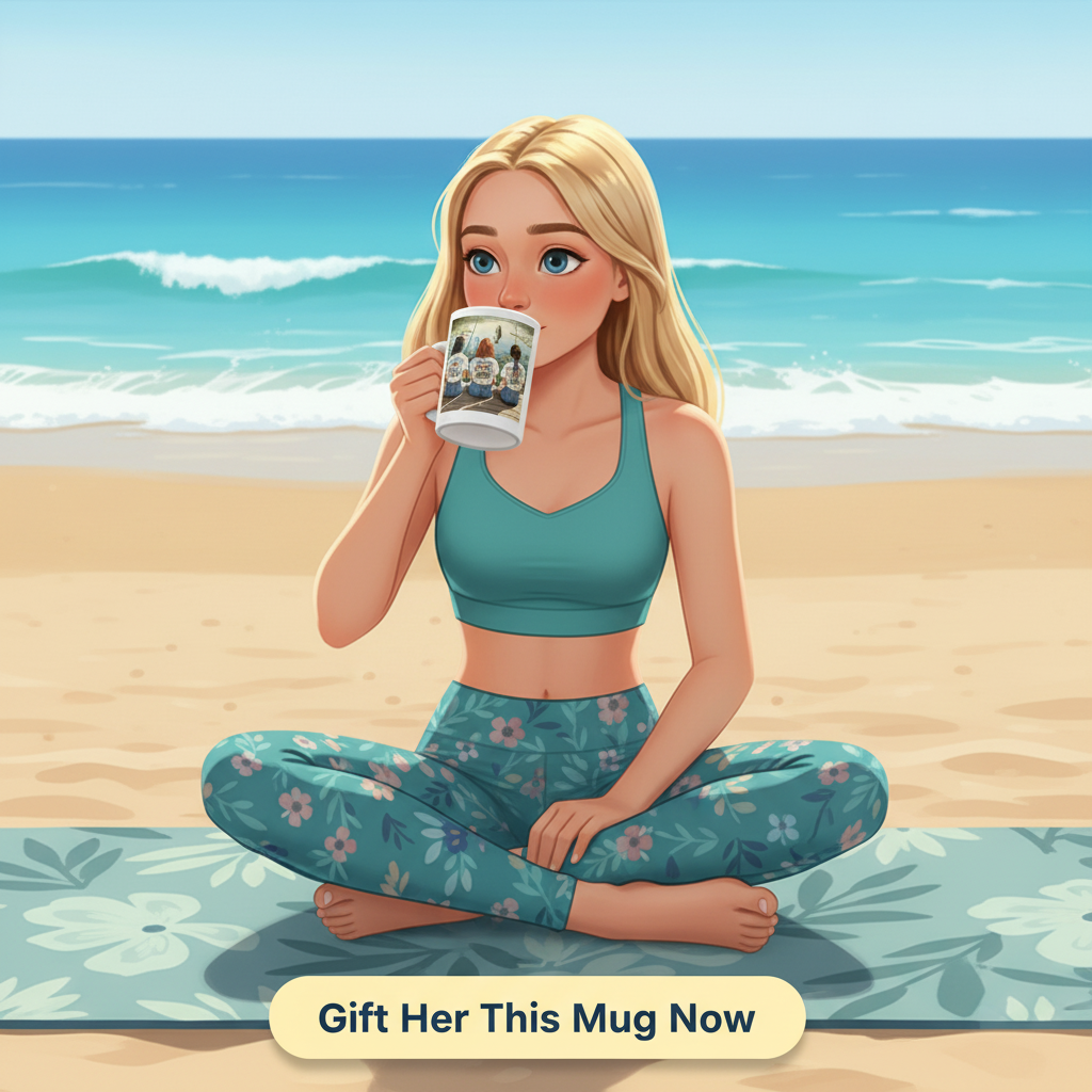 Avatar Woman sitting on a beach holding a mug with text 'Gift Her This Mug Now'.