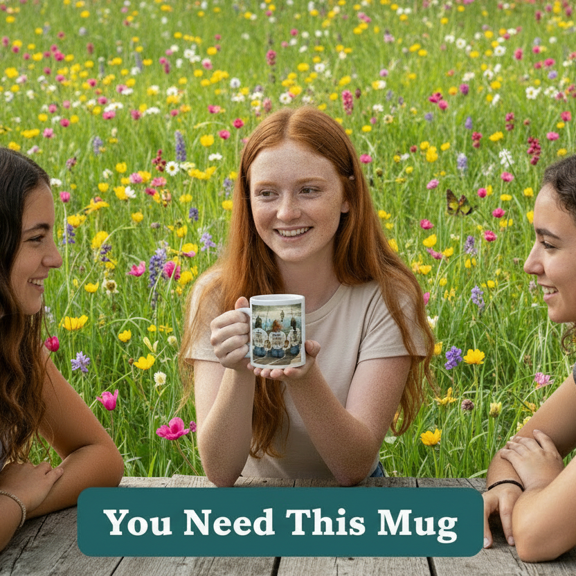 Three people sitting in a field of flowers, with one holding a mug.