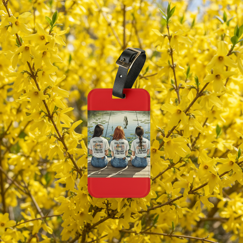 Red luggage tag with a photo of three people sitting on a dock, against a yellow flowering bush background.