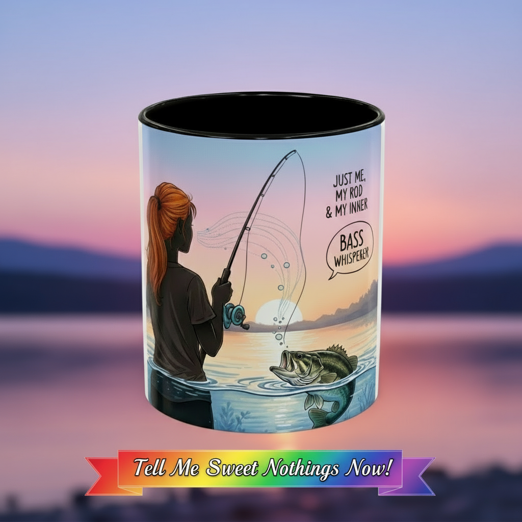 Coffee mug  with fishing design and text against a blurred sunset background. Ribbon at bottom says, "Tell Me Sweet Nothings Now!"