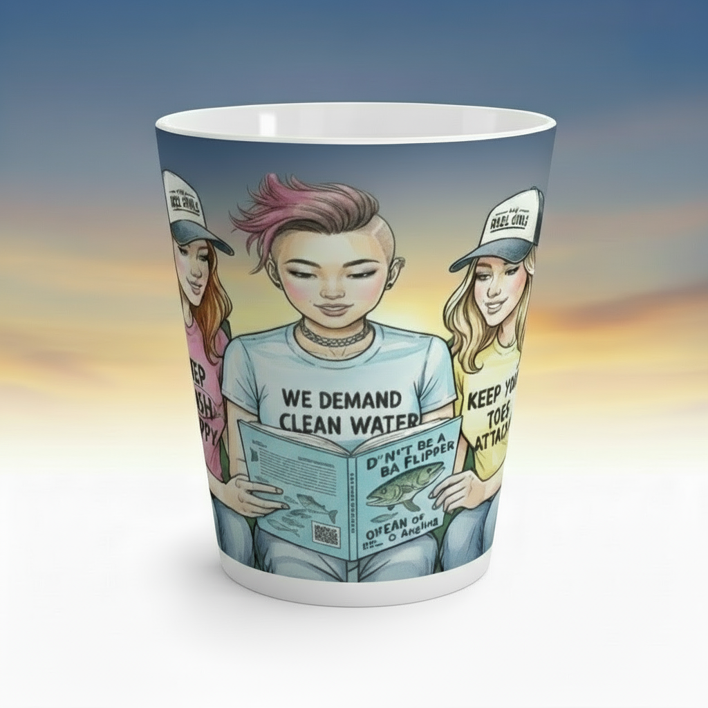 Mug with illustrated design of three people holding signs and a book, set against a gradient background.