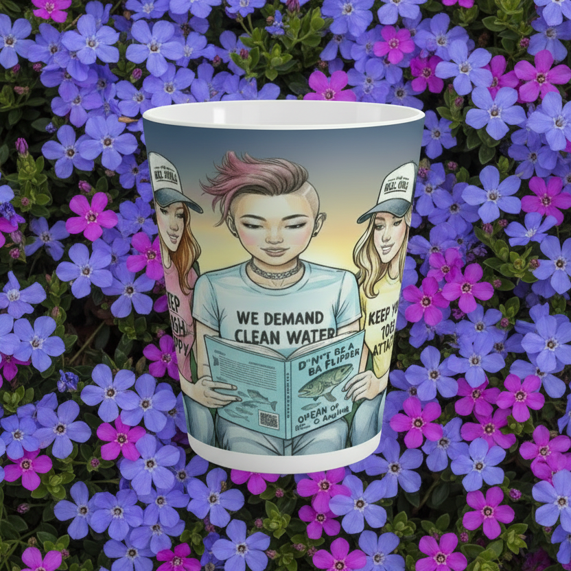 Cup with illustrated design of a person reading a book titled 'We Demand Clean Water' against a background of purple and pink flowers.