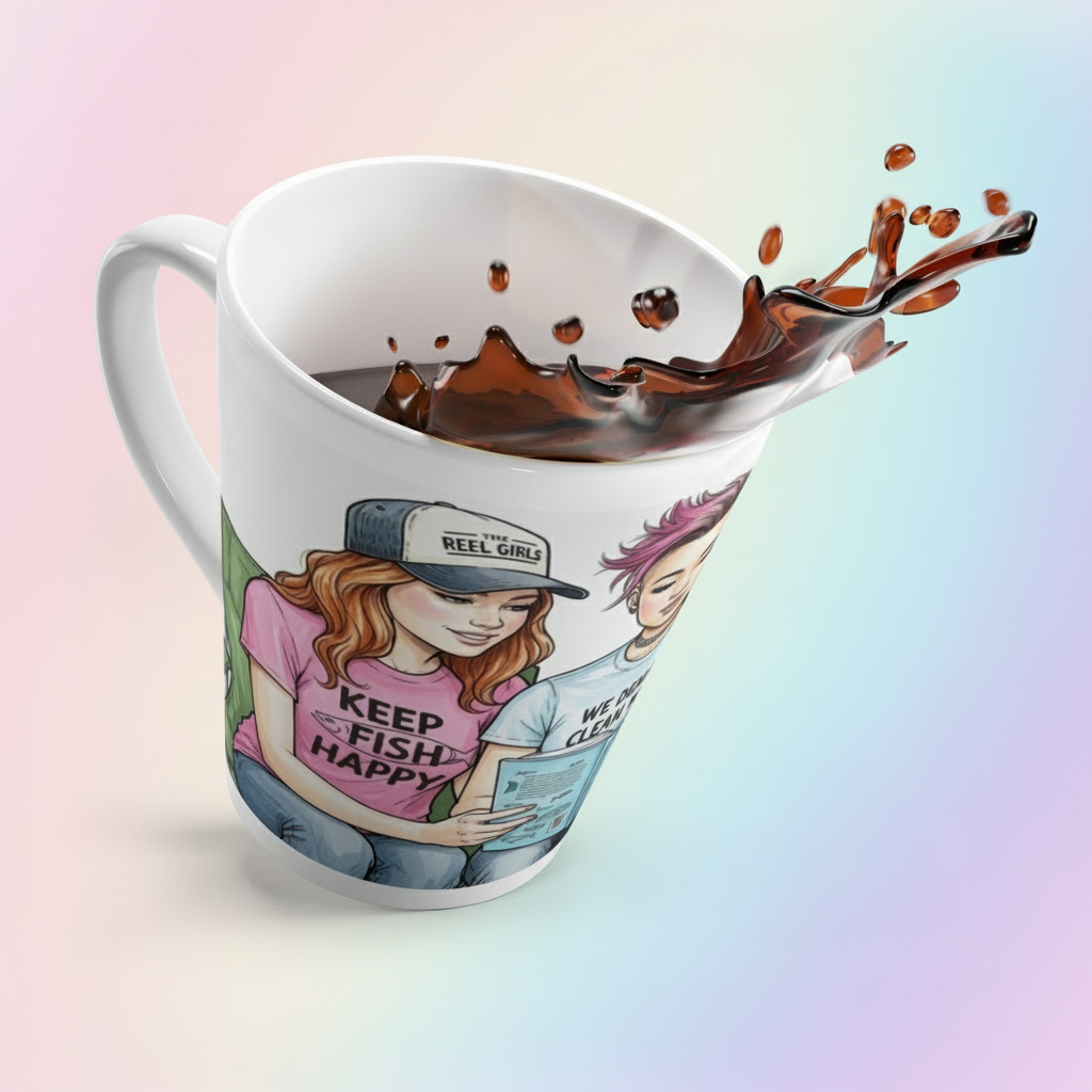 Mug with illustration of two people and text 'Keep Fish Happy' on a gradient background
