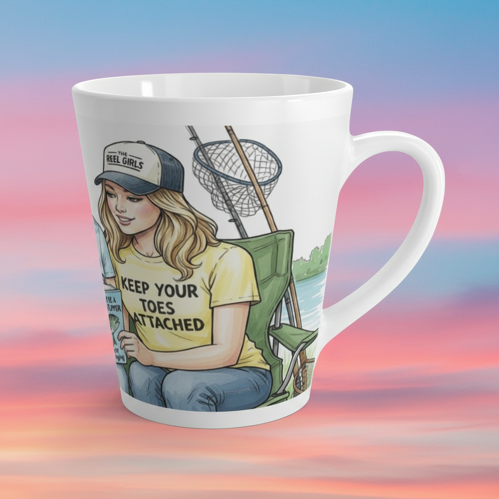 Mug with a design of a woman sitting in a chair with a fishing net, wearing a cap and t-shirt with text, on a colorful gradient background.