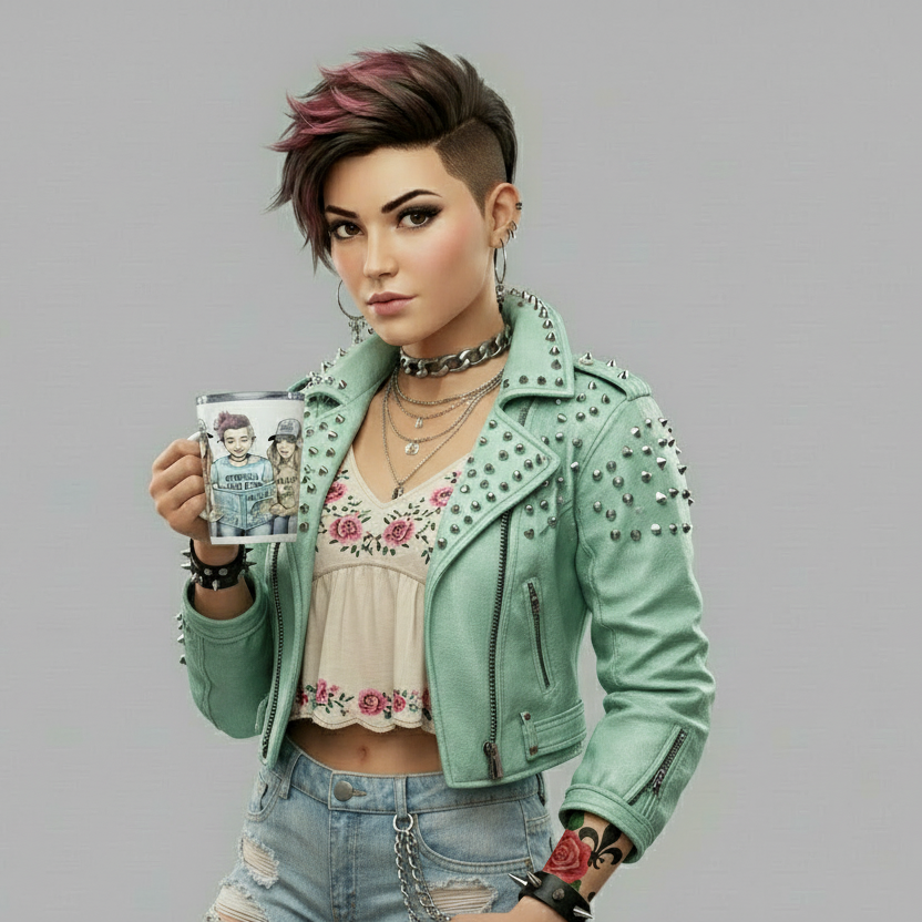 Person wearing a green studded jacket holding a mug with a gray background

