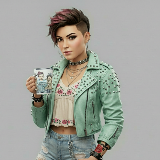 Person wearing a green studded jacket holding a mug with a gray background

