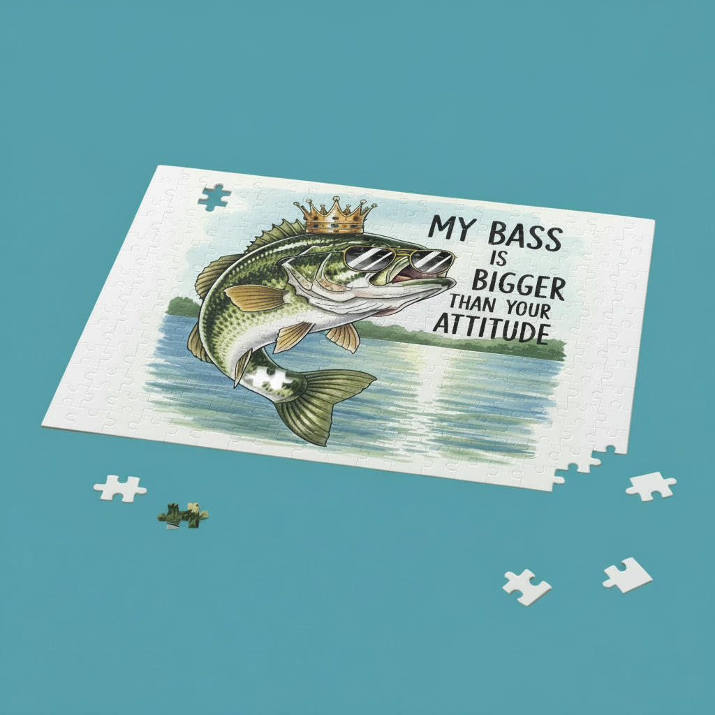 Jigsaw puzzle with a fish illustration and text on a blue background