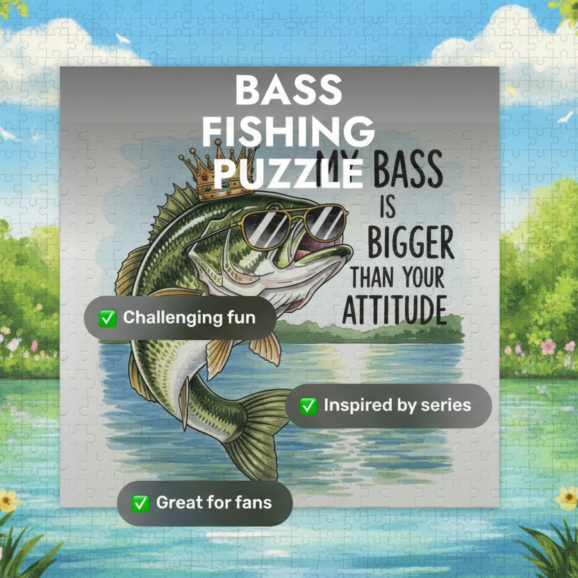 Bass fishing puzzle with a bass wearing sunglasses and a crown, set against a scenic background.