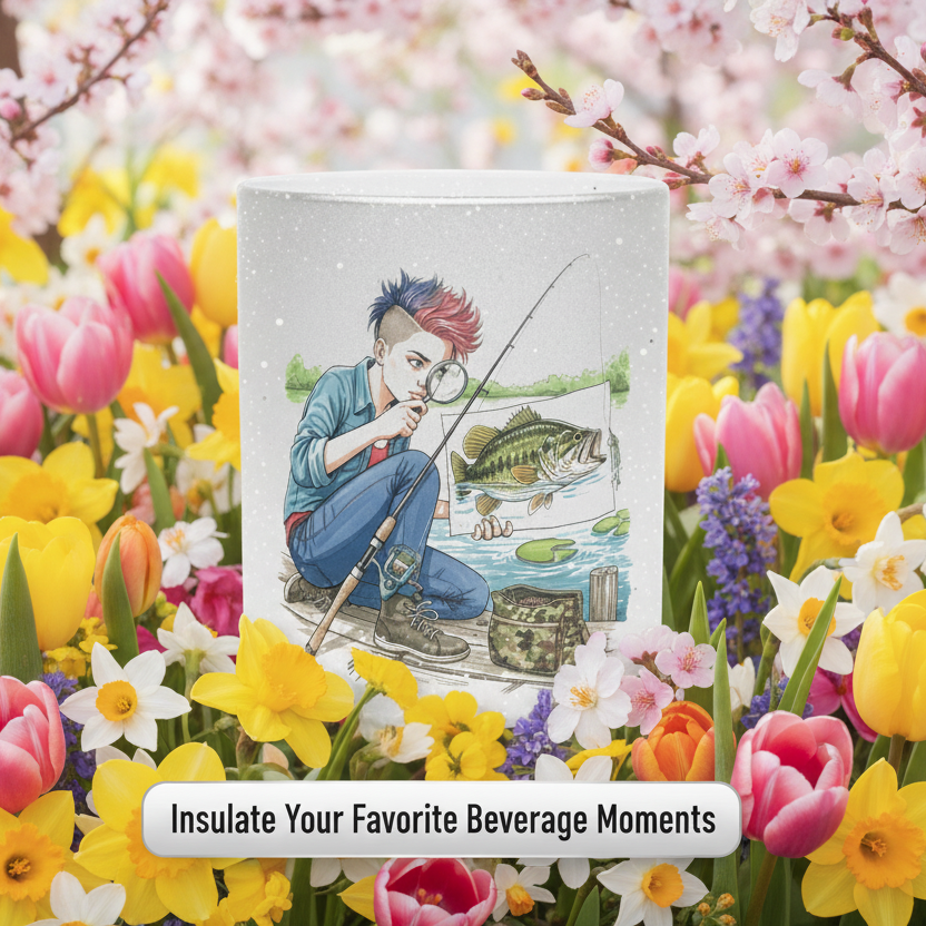 Illustration of a person fishing studying a fish species with flowers in the background