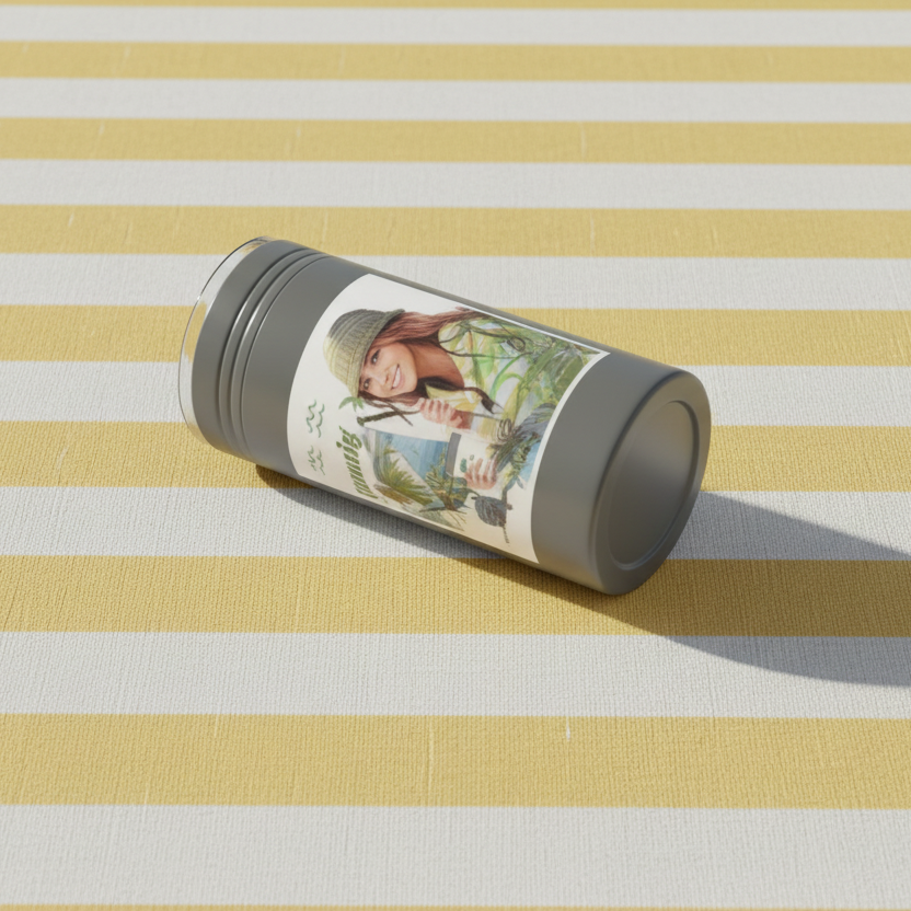 Insulated grey tumbler on a striped fabric background
