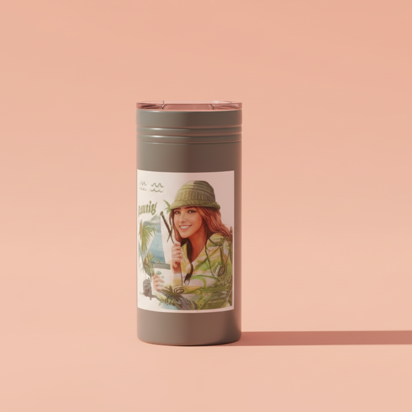 Tumbler with a label featuring a person in a hat on grey