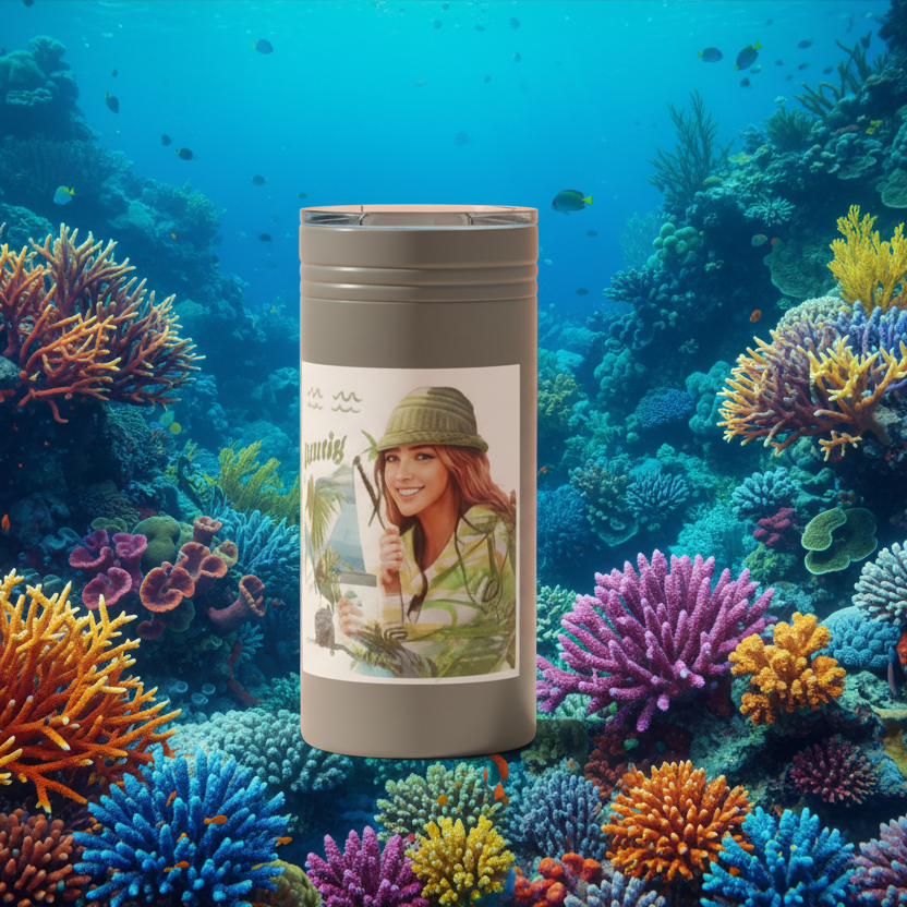 Tumbler with a photo of a woman on a coral reef background