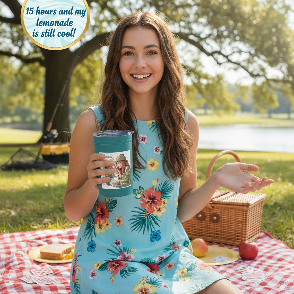Woman in a floral dress holding an insulated teal colored tumbler of lemonade in a park setting