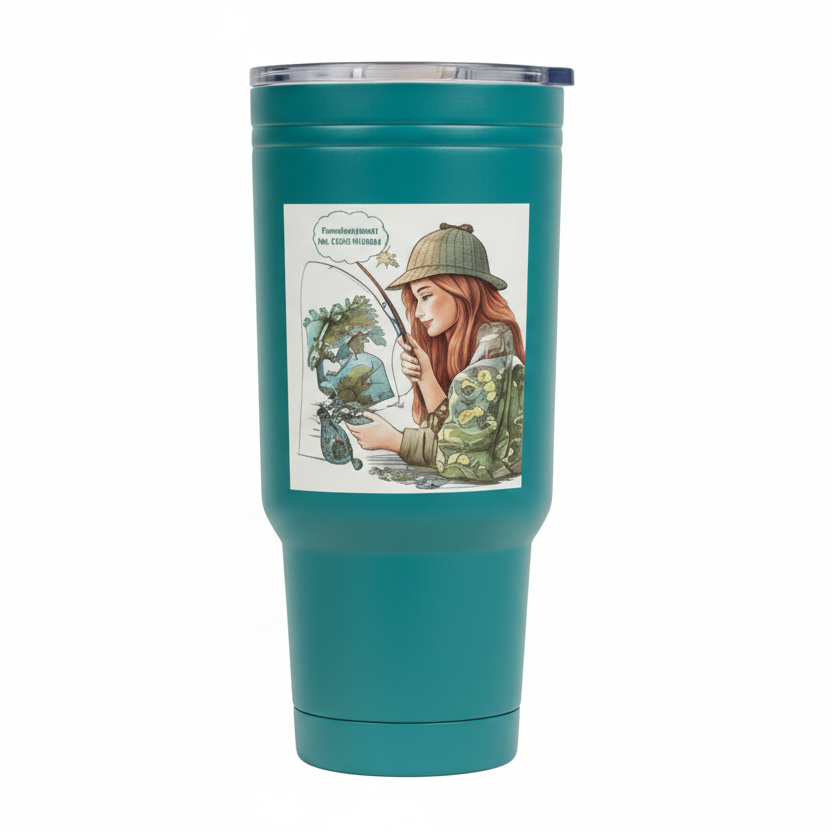Teal tumbler with a graphic of a woman in a camouflage outfit and hat on a white background
