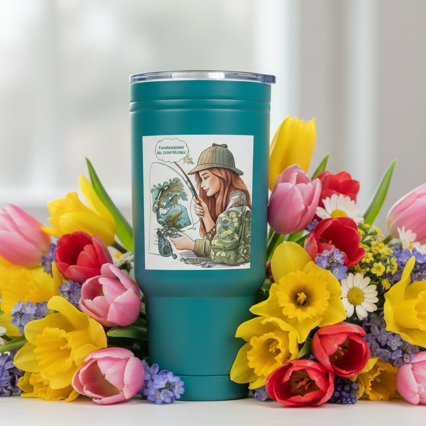 Teal tumbler with a printed design of a woman holding a fishing rod, surrounded by colorful flowers.