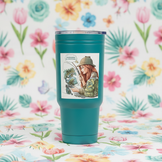 Teal tumbler with a printed design on a floral background