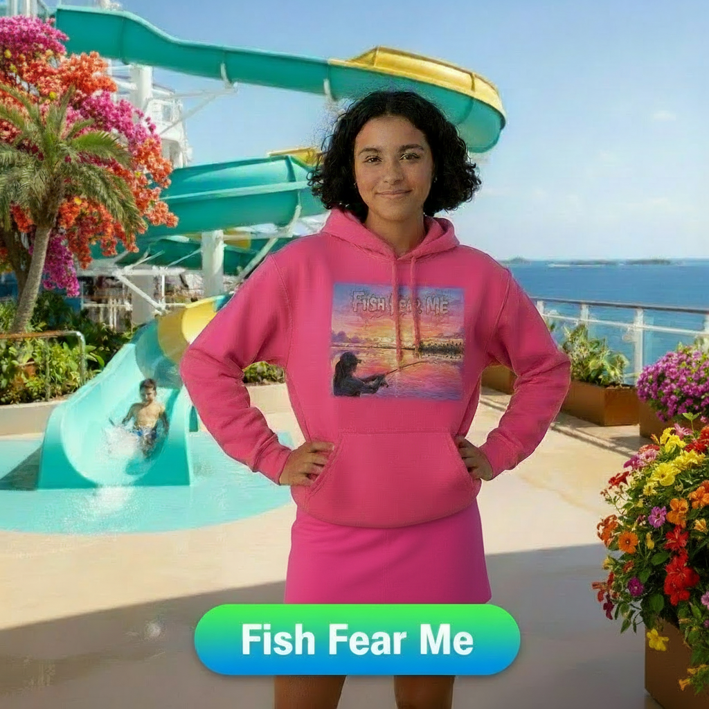 Person wearing a pink hoodie with a graphic design of "Fish Fear Me"  in front of a water slide at a water park.