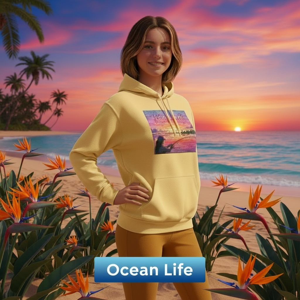 Person wearing a yellow hoodie with a sunset design on a beach with palm trees and flowers.