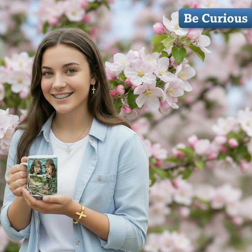 Woman holding a mug with floral design in front of cherry blossom trees, with 'Be Curious' text overlay.