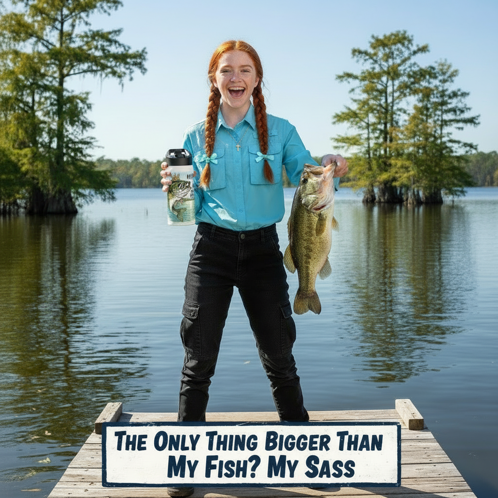 Woman on a dock holding a fish and a water bottle with trees and water in the background