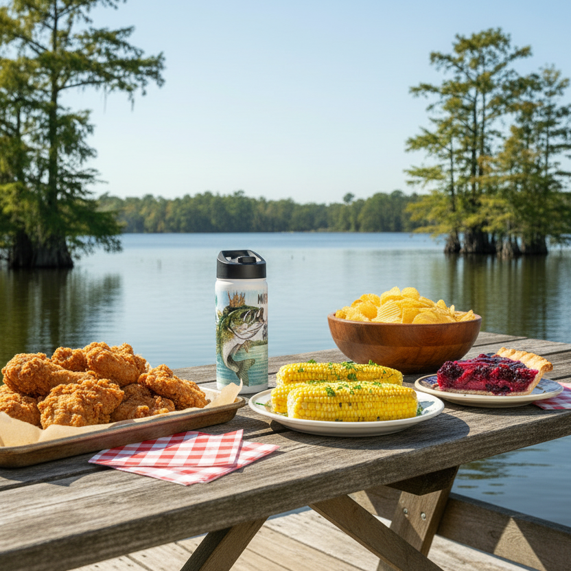 Picnic setup with fried chicken, corn on the cob, and other foods on a wooden table by a lake.