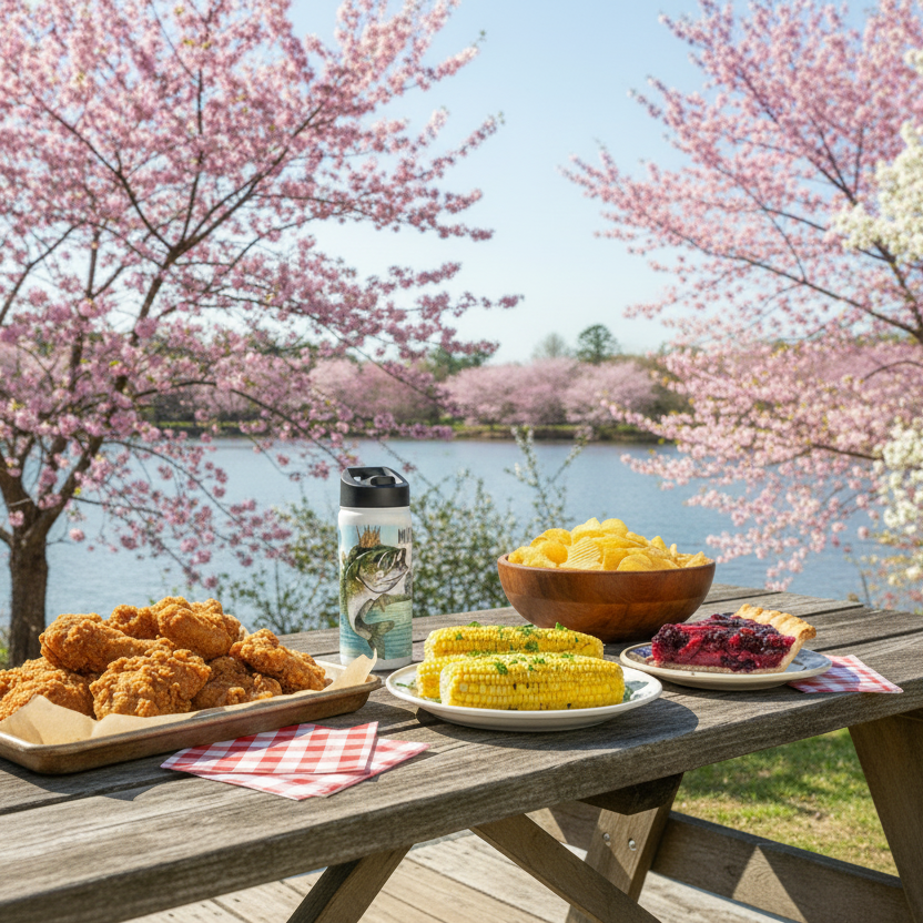 Insulated water bottle - Picnic table with food under cherry blossom trees by a lake