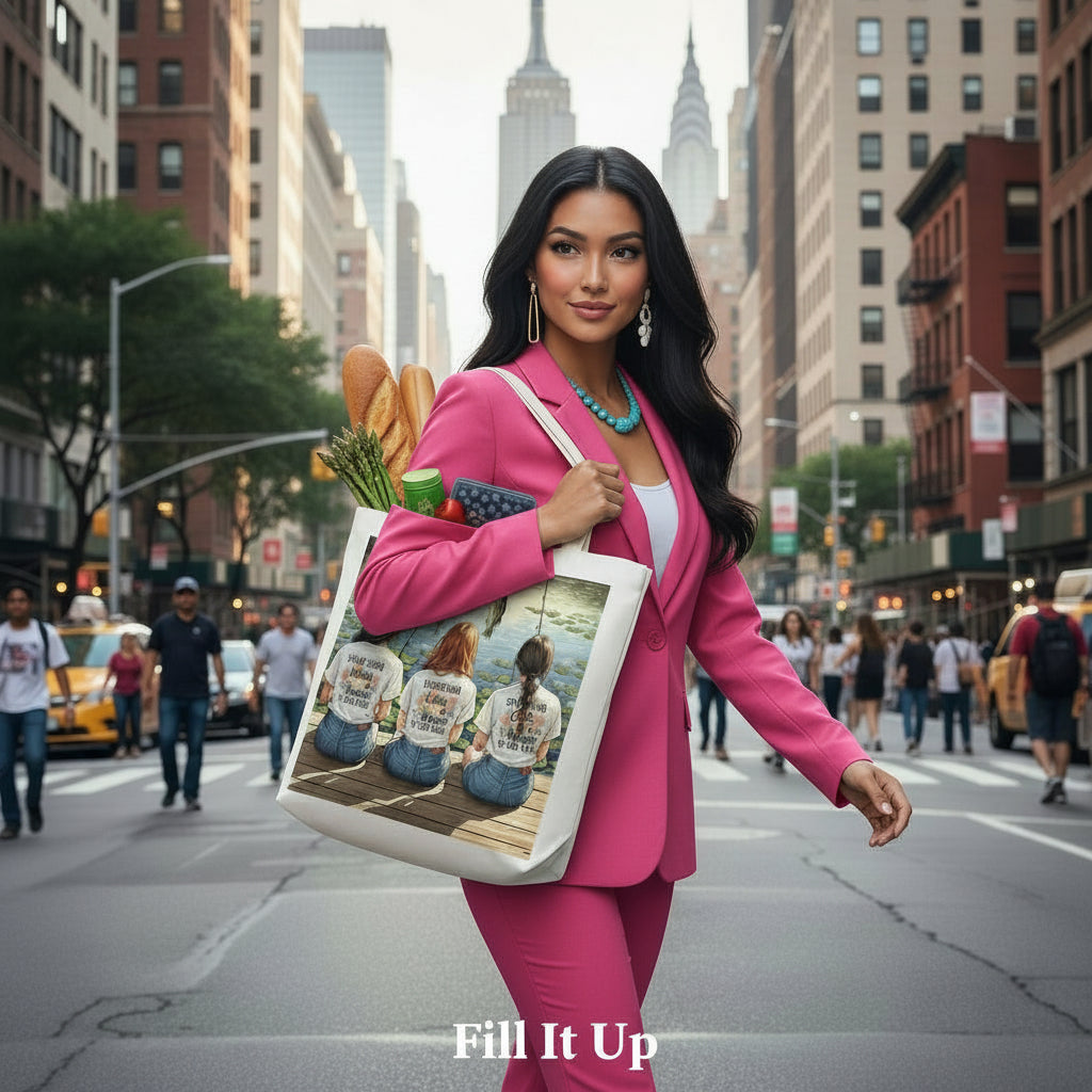 Woman in a pink suit holding a tote bag with 'Fill It Up' branding on a city street.