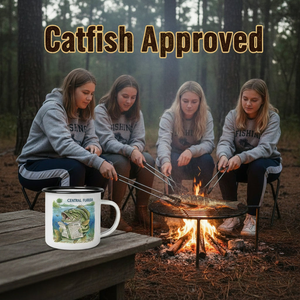 Four people sitting around a campfire with 'Catfish Approved' text above them.