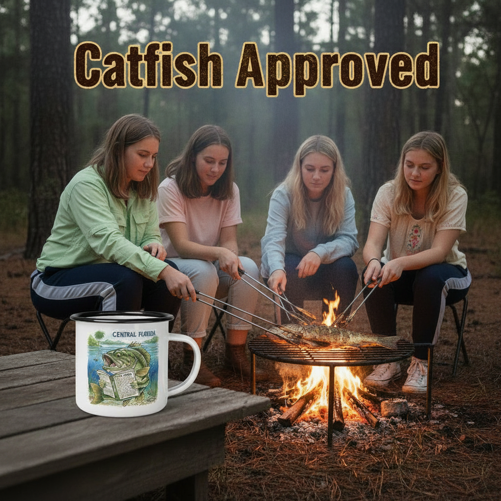 Four women around a campfire with a 'Catfish Approved' text overlay and a Central Florida mug.