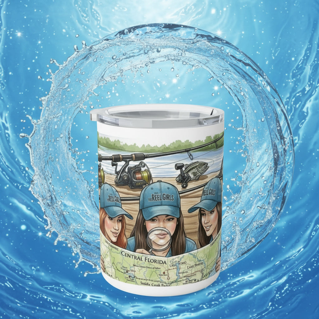 Tumbler with 'Reel Girls' design on a blue water background