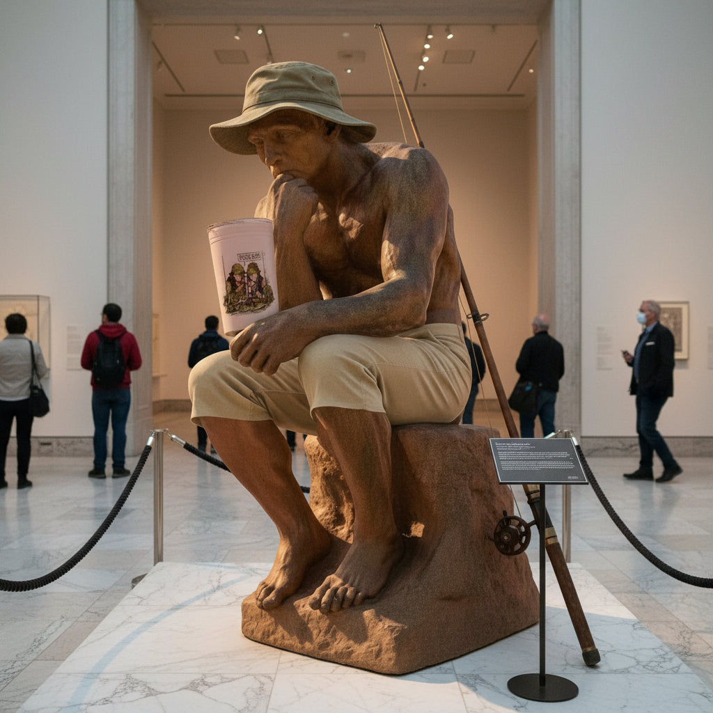 Statue of a person sitting with a hat and book in a museum setting with his insulated drink tumbler