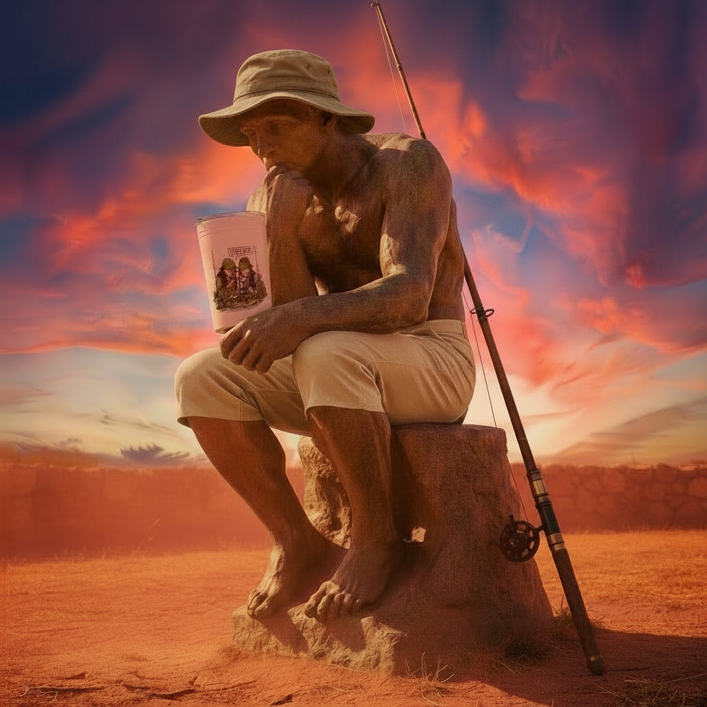 Man sitting on a stump with a fishing rod and book against a dramatic sky with an insulated tumbler he's drinking from.